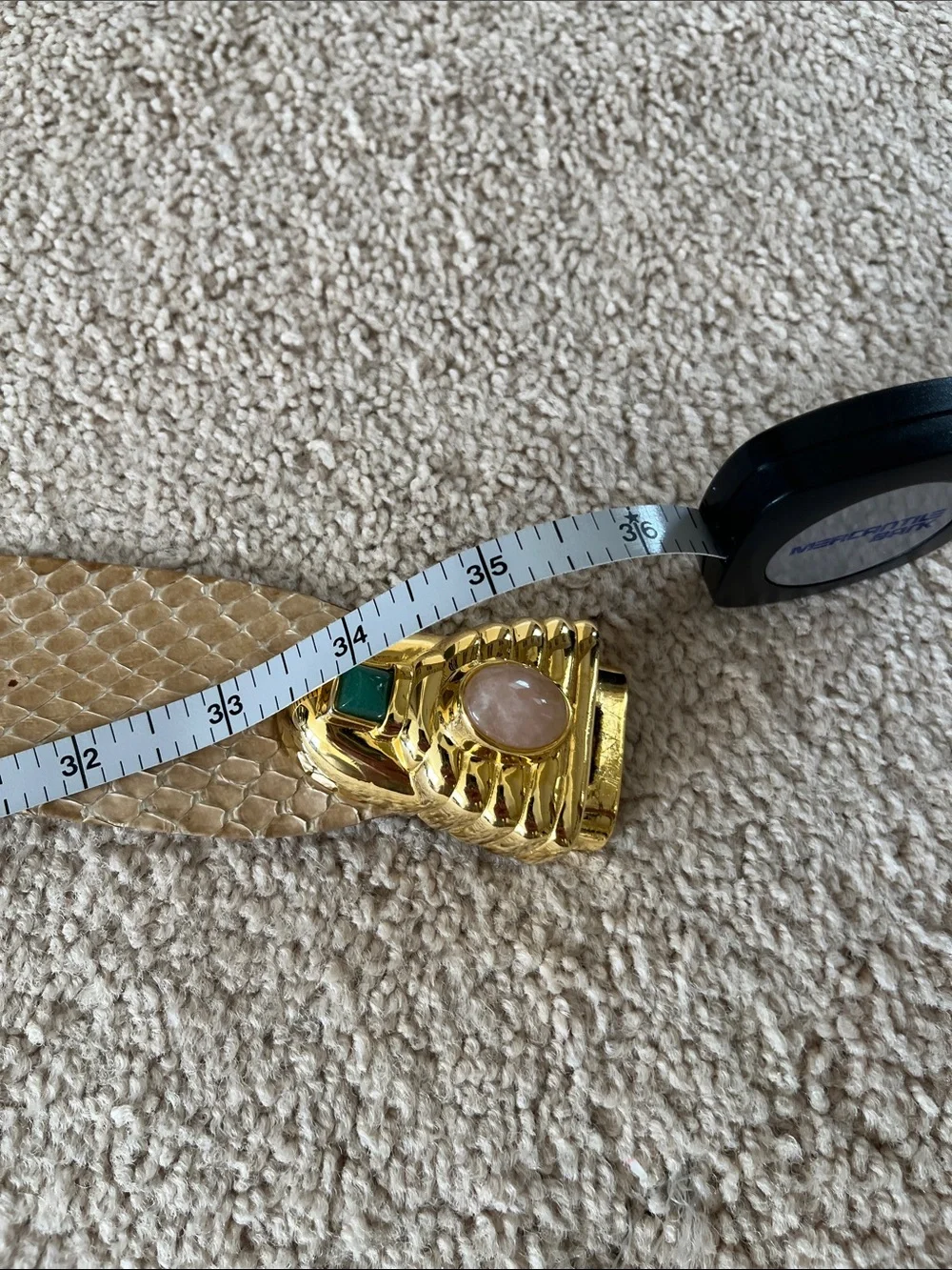 Judith Leiber Cream Leather Signature Belt with Gold Script